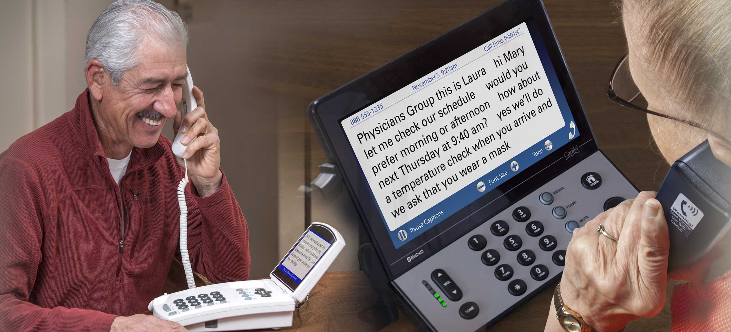 Montage of a smiling elderly man talking on a CapTel captioned telephone, and an over-the-shoulder view of an elderly woman using the captioned features on the 2400i captioned telephone