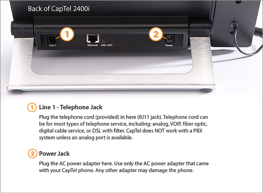 Close up of back side of 2400i captioned telephone showing power and phone connections