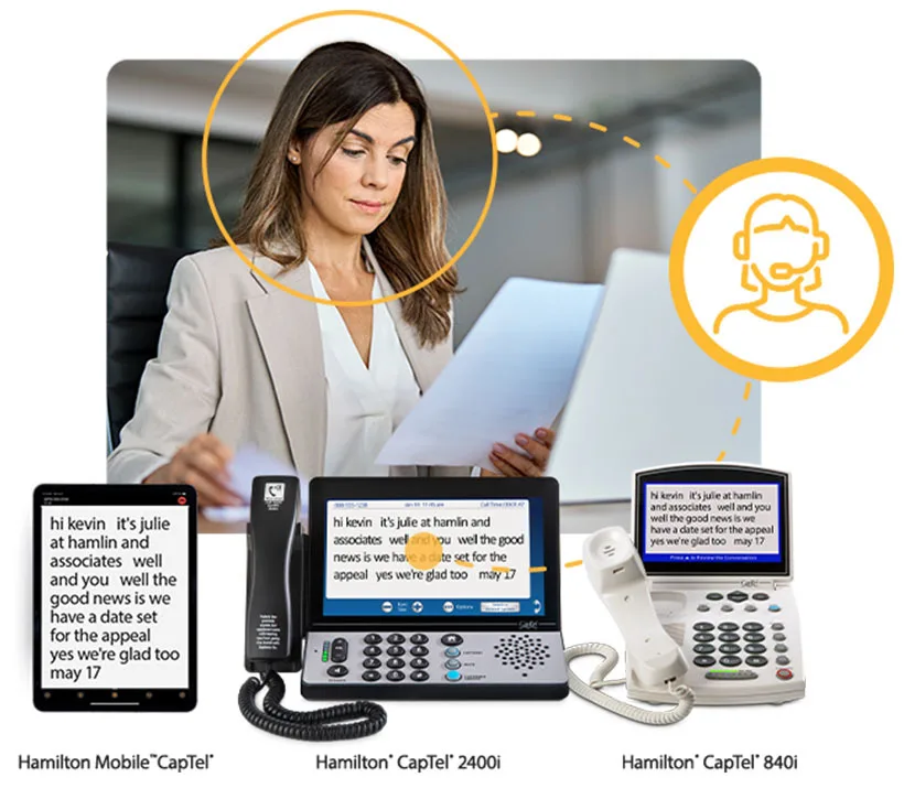 Woman looking at document with Hamilton CapTel phone choices