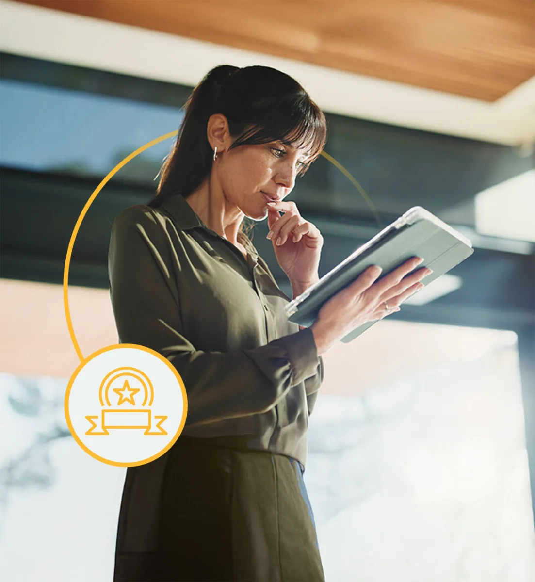 woman considering options looking at documents